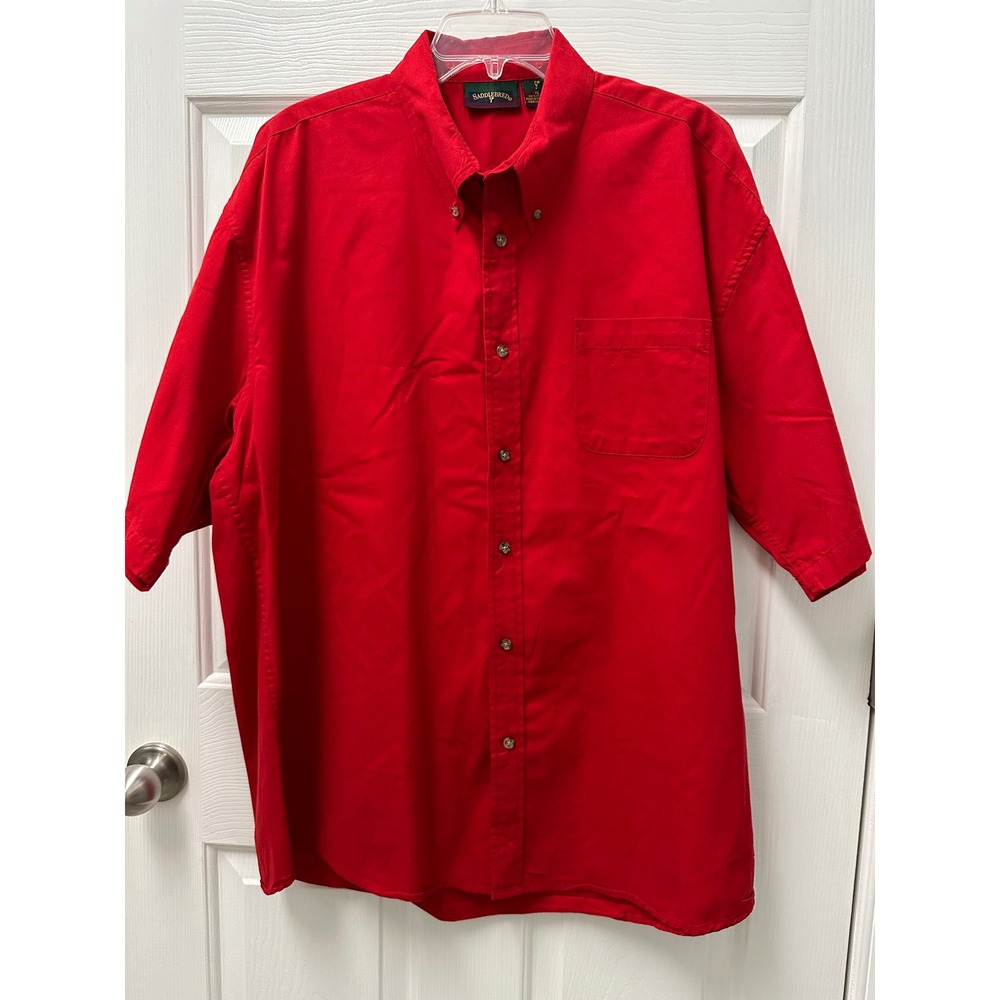 Saddlebred Mens‎ XL Red Short Sleeve Button Down Shirt 100% Cotton Pocket Top